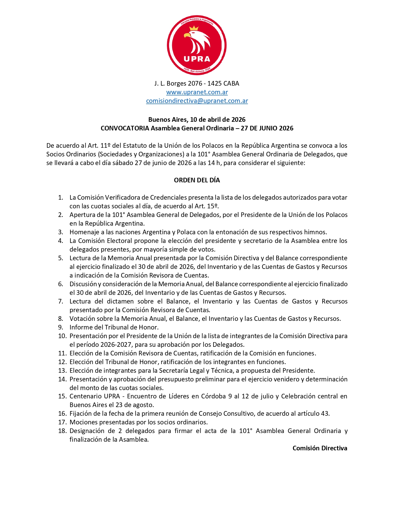 Convocatoria a Asamblea General Ordinaria de UPRA