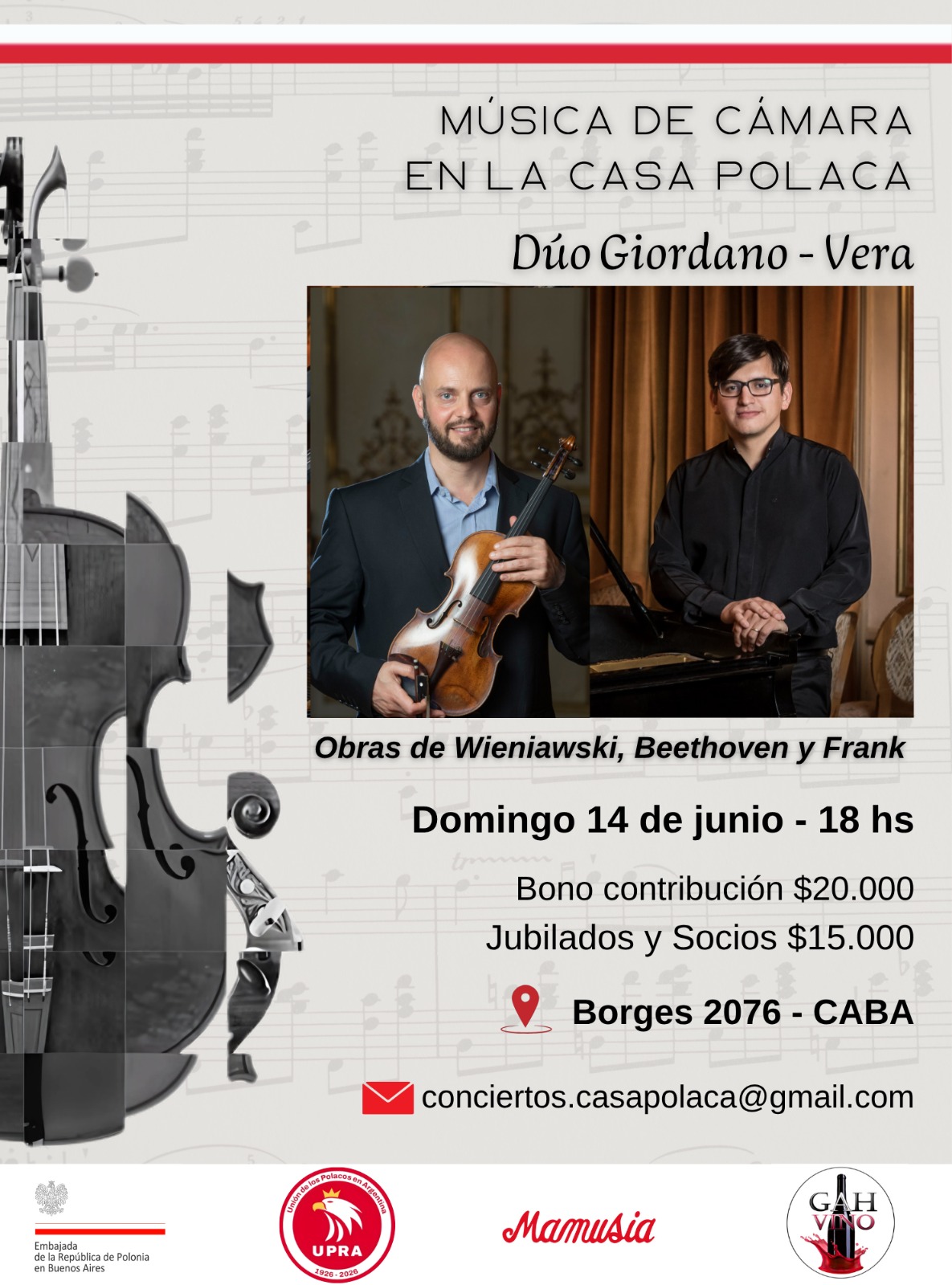 Dúo Vera – Giordano y su debut oficial en el Ciclo de Música de Cámara de la Casa Polaca